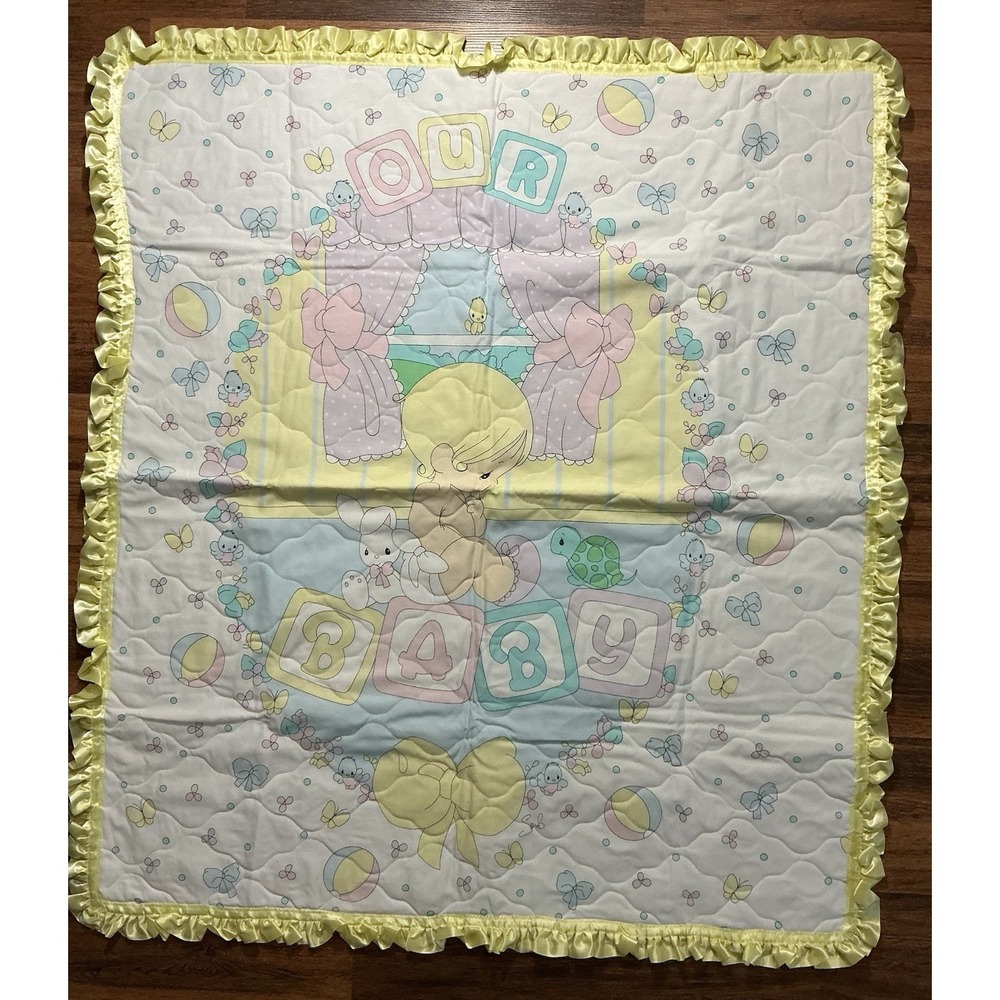 Precious Moments Quilted Baby Blanket OUR BABY Yellow Satin Ruffled Edge 40"x45"
